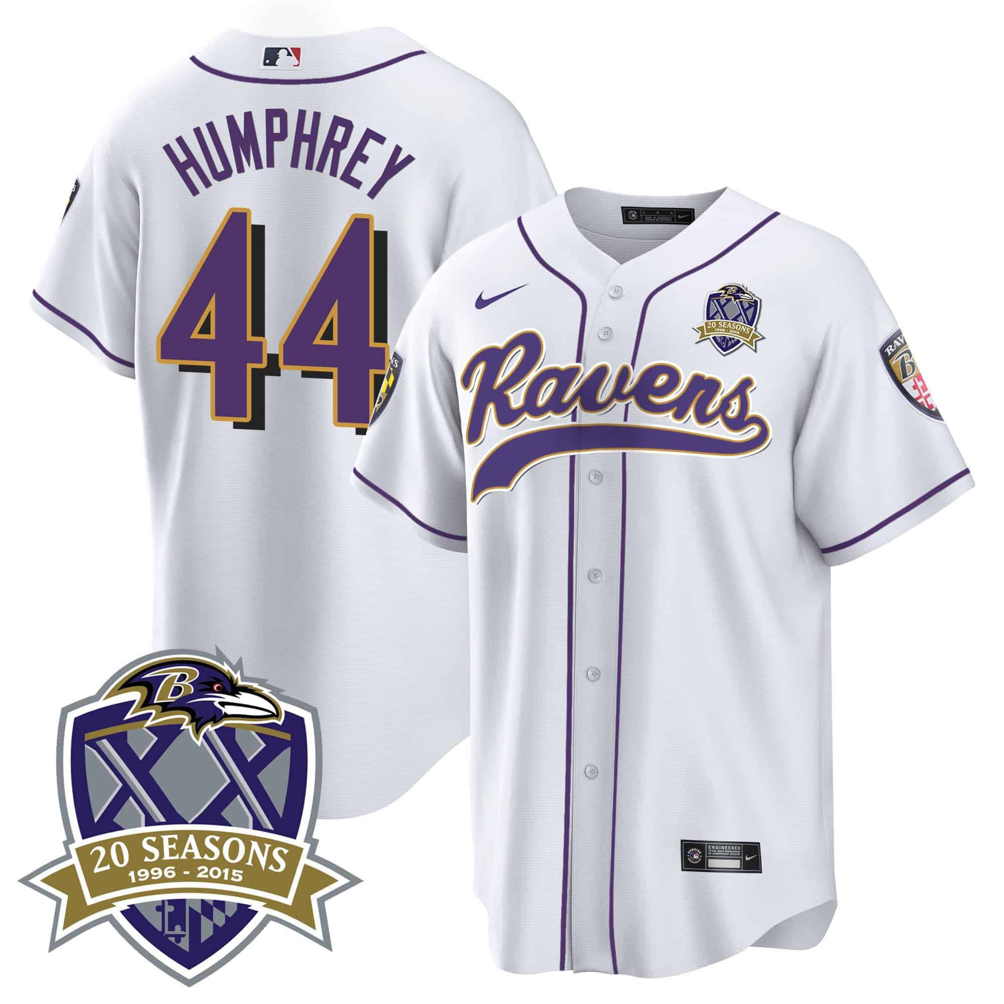 Men Baltimore Ravens #44 Humphrey White 2024 Nike 20th Season Patch Baseball NFL Jersey